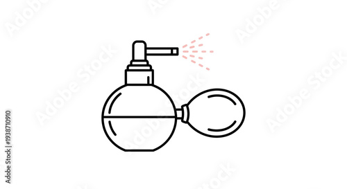 Vintage perfume bottle with atomizer spraying mist, elegant retro beauty icon