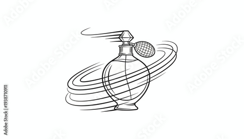 Vintage Perfume Bottle with Swirling Scent Lines - Black and White Illustration