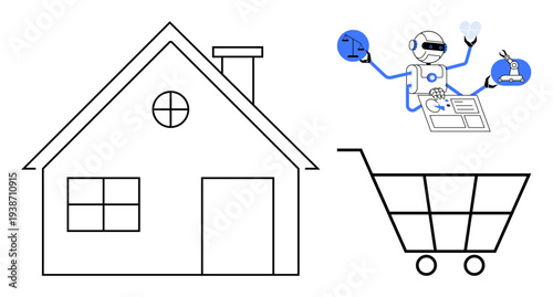 Smart home living, AI in commerce, ecommerce trends, digital transformation, robotics in daily tasks, technology advancements. Outline of a house, robot with AI tools shopping cart. Smart home