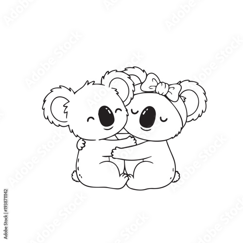 Two Cute Koalas Hugging Each Other in Cartoon Style, Playful and Friendly.