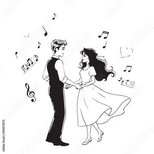 Elegant couple dancing at a formal wedding with music notes around them.