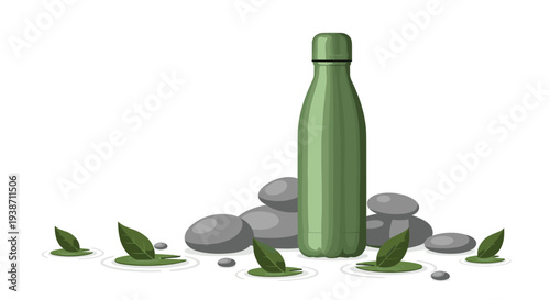 A green insulated water bottle stands upright among grey stones and floating green leaves on a white background.