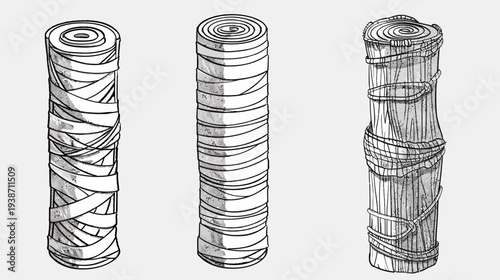 Three illustrated bundles, bound differently with rough edges, on a light grey background