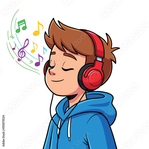 Young Boy Listening to Music with Headphones in a Relaxed Environment