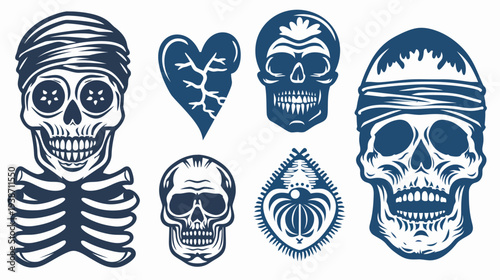 Graphic illustration of skulls, a heart, and skeleton in blue ink on a white background