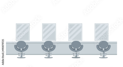 Four identical hairdressing stations with grey adjustable chairs facing rectangular mirrors are arranged symmetrically on a white background.