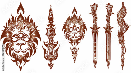 Stylized lion, sword, and dagger motifs in intricate, ornate designs in a sepia palette