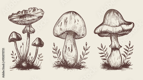 Three mushroom groupings, drawn with fine line details in sepia tones on pale background