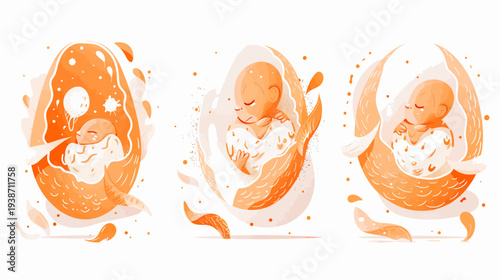 Three stylized depictions of a newborn in an egg-like shape, rendered with watercolor effects