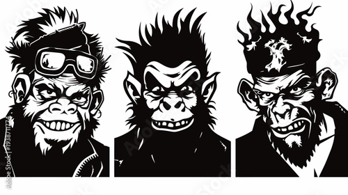 Three stylized ape-like characters with distinct punk-inspired hairstyles and menacing expressions