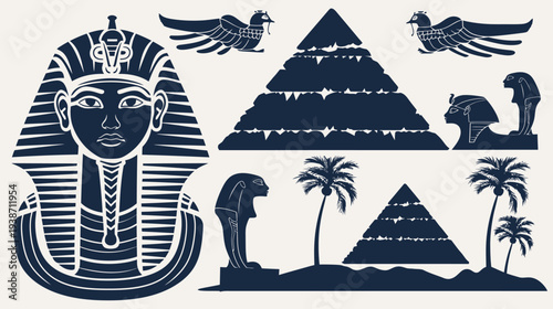 Artistic depiction with stylized elements of Ancient Egyptian culture in dark blue silhouettes