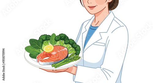 A female nutritionist holds a plate of salmon, broccoli, spinach, asparagus, and lemon against a clean white background.