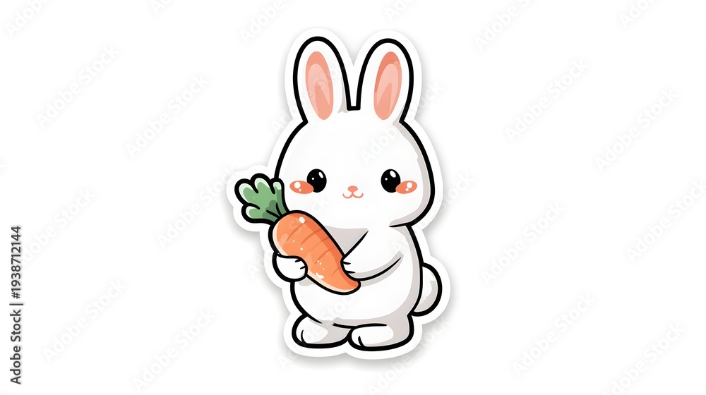 Fototapeta premium Cute cartoon white bunny holding a fresh carrot illustration.