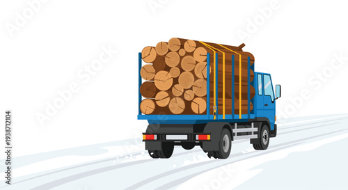 A blue logging truck, loaded with cut wooden logs, drives on a gray road with tire tracks against a stark white background.
