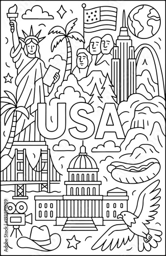 United states of america hand drawn vector illustration doodle art line art coloring page for kids