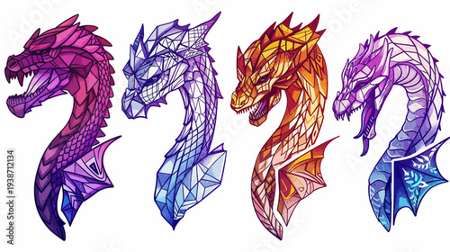 Four colorful stylized dragon heads, each with a distinct elemental appearance