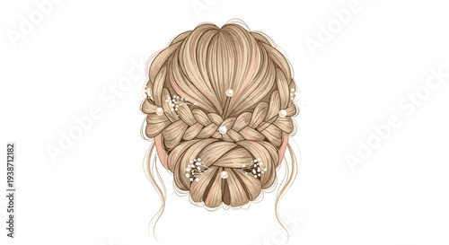 The back of a woman's head displays an intricate blonde braided updo with white flowers and pearls against a white background.