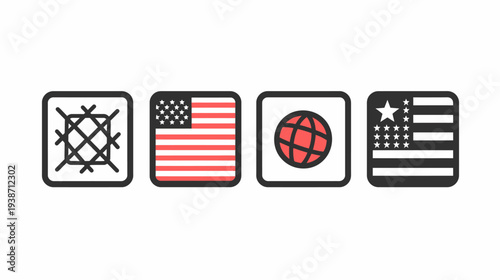 Four icons show network, red/white stripes, planet, modified flag; square/rounded corners