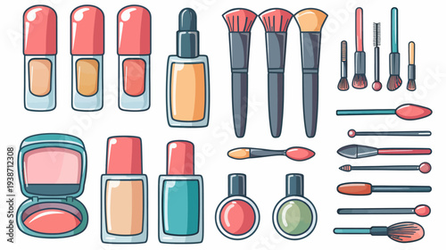Stylized illustration of diverse cosmetic products and applicators on a white background