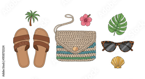 A vibrant assortment of tropical summer accessories: palm tree, sandals, striped bag, hibiscus, monstera leaf, sunglasses, and seashell, on white.