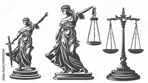 A grayscale depiction of justice, featuring blindfolded figures and scales, symbolic of law