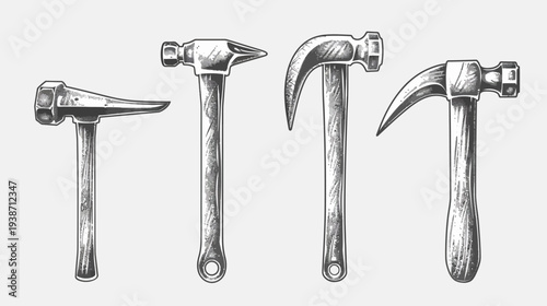 Four hammer illustrations of different designs, in black and white, on a light background