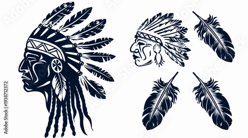Illustration of two Indigenous American men and four feathers in dark blue on white