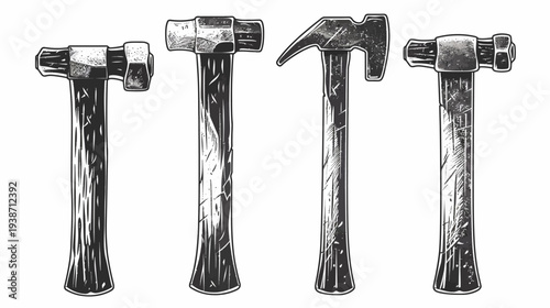 Line art of four hammers in a row, with varying head shapes, dark, textured handles