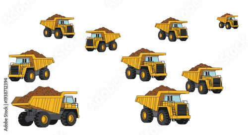 Ten yellow dump trucks, loaded with brown soil, are scattered across a white background, varying in size and depth.