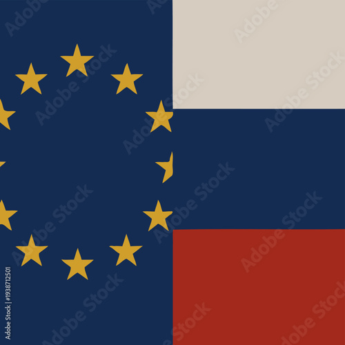 European Union and Russia federal state Official Symbol Side by Side. National Flag Combination Image. Close Up Sign. Close-Up International Relations Concept Illustration