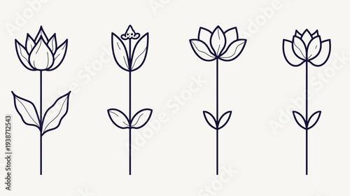 Four outlined, stylized flowers on stems with leaves, on a cream background