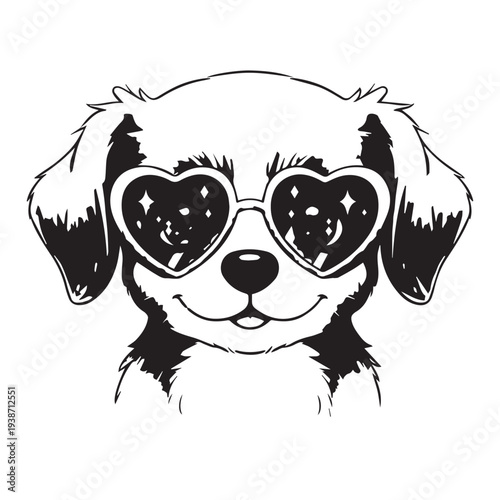 Black and white illustration of a cute dog wearing heart-shaped sunglasses in a playful, stylish pose.