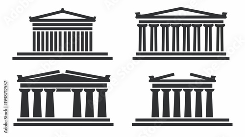 Four black & white simplistic icons of Grecian style buildings on a white background