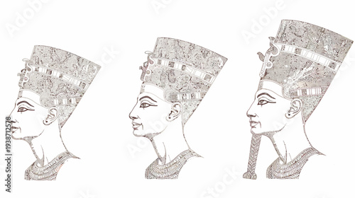 Three profiles of Nefertiti with different headdresses, depicted in a textured style
