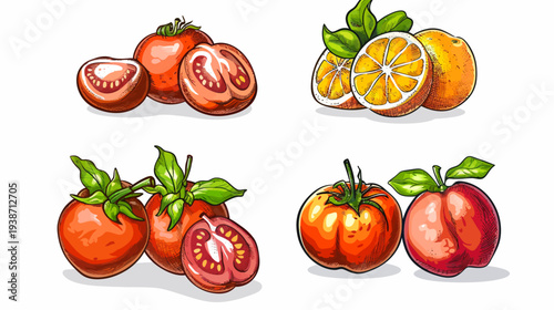 Colorful illustrated fruits tomatoes and oranges, and peaches. A white background