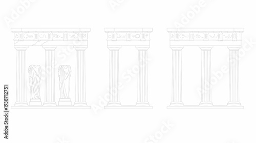 Ancient temple facade sketches, including statues and detailed stonework ornamentation