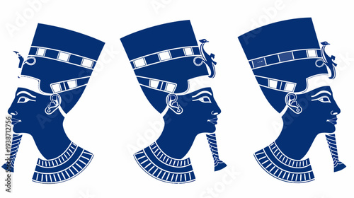 Three blue Egyptian head profiles with tall crowns, stylized, on white background