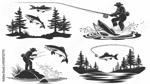 Black and white illustration featuring fisherman, leaping fish, and pine trees, emphasizing outdoor activity