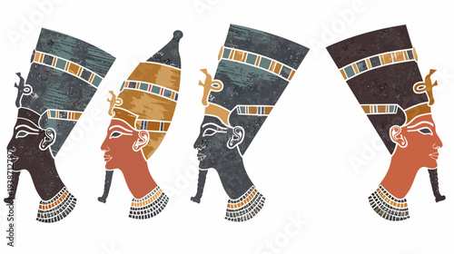 Four profiles of pharaohs or queens with tall crowns and layered necklaces