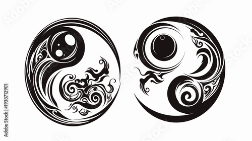 Artistic depiction of Yin and Yang symbol, showcasing swirling patterns on a white background