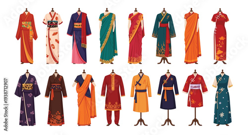 Fifteen diverse traditional garments from various Asian cultures, including kimonos, saris, hanboks, and cheongsams, are displayed on mannequins in two rows.