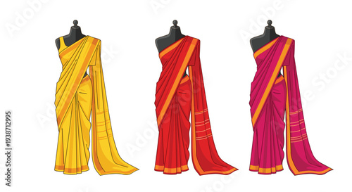 Three vibrant saris in yellow, red, and magenta, each with contrasting striped borders, are elegantly draped on black mannequins.