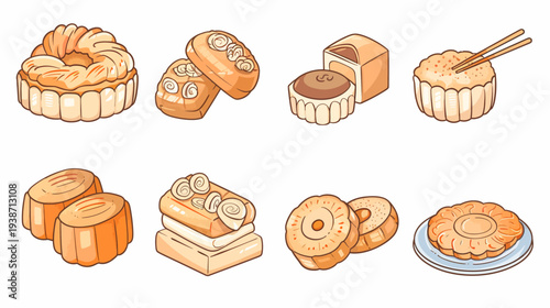 A variety of stylized baked goods displayed in eight different arrangements