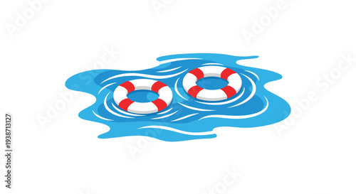 Two red and white lifebuoys float serenely on a blue body of water with subtle ripples against a clean white background.