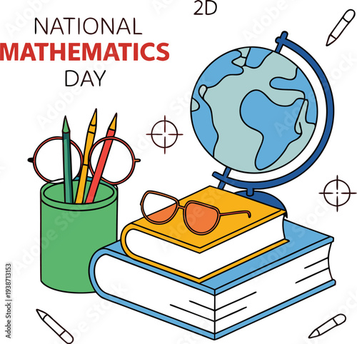Educational Illustration Featuring Stack of Books and Math Symbols for Math Day.