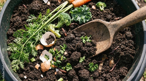 Foto Organic compost soil mixed with crushed eggshells and natural biodegradable waste for fertilizer