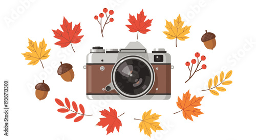 A vintage-style camera with a brown leather body is centrally placed, surrounded by scattered red and yellow autumn leaves and acorns.
