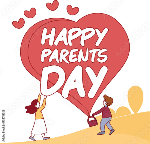 Happy Parents Day 3D Heart Illustration with Floating Love Icons.