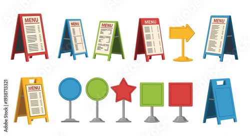A diverse collection of twelve menu and directional signs in various shapes and colors is arranged in two rows.