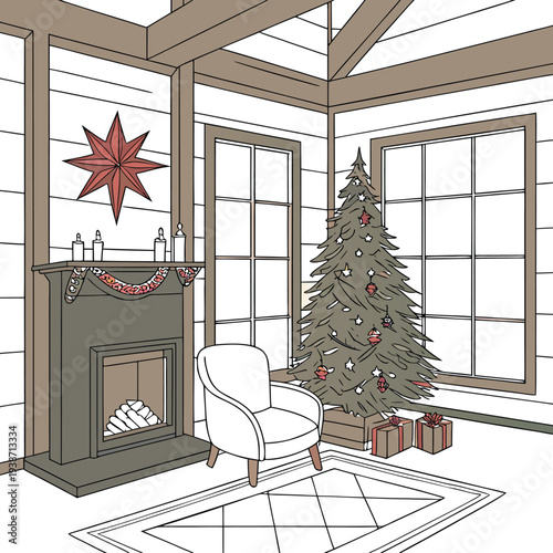 Tranquil Christmas Home Setting with Cozy Armchair and Festive Ambience.